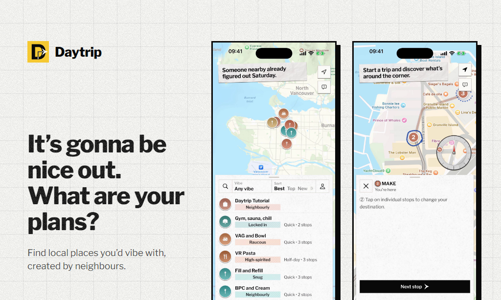 Daytrip app, Explore list and navigation screens