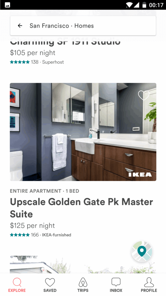 Discover screen showing IKEA-furnished Airbnb listing